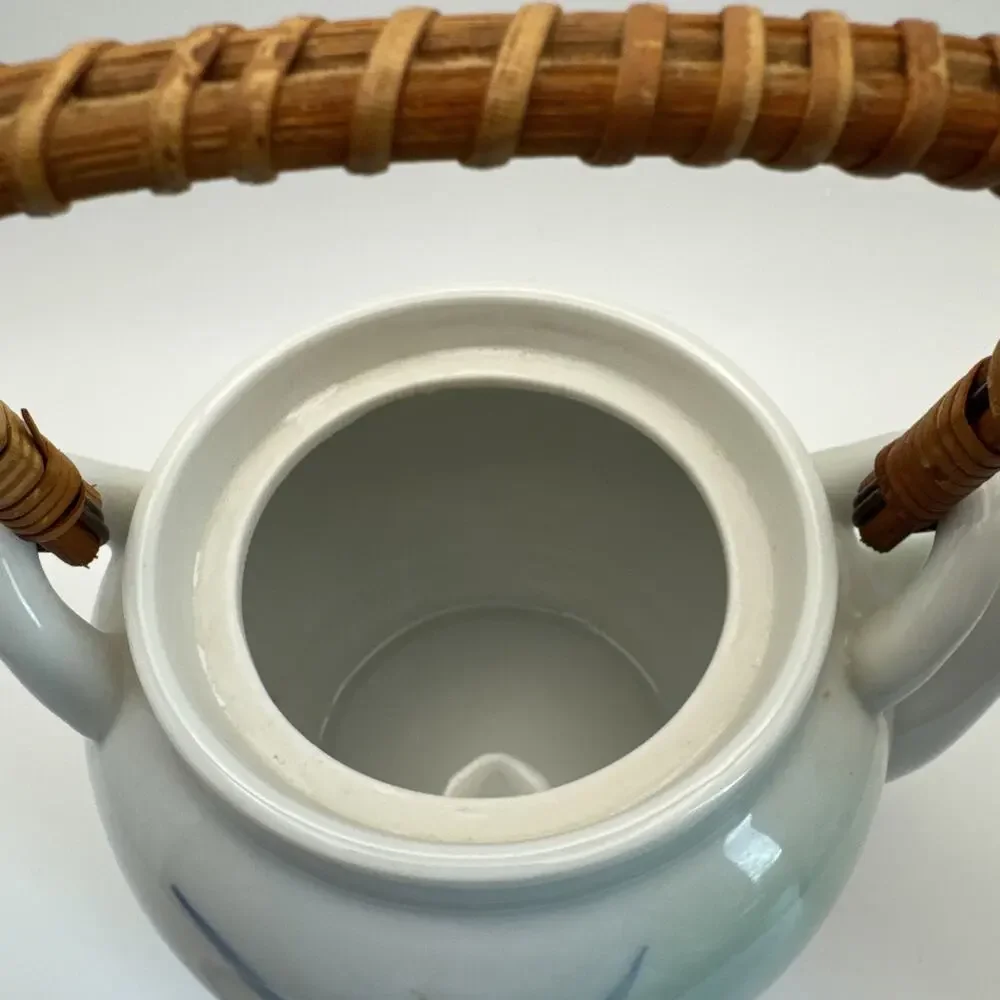 JAPANESE FINE‎ PORCELAIN CONTEMPORARY TEAPOT BLUE PINK FLORAL WOVEN HANDLE